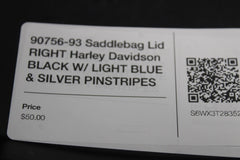 90756-93 Saddlebag Lid RIGHT Harley Davidson BLACK W/ LIGHT BLUE & SILVER PINSTR